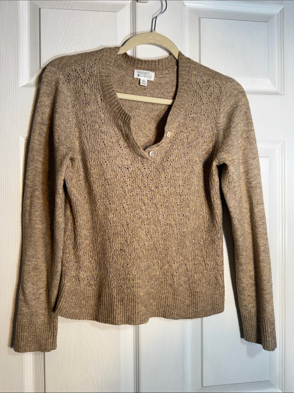 Market & Spruce Women's Camel/Tan V-Neck Button Pullover
